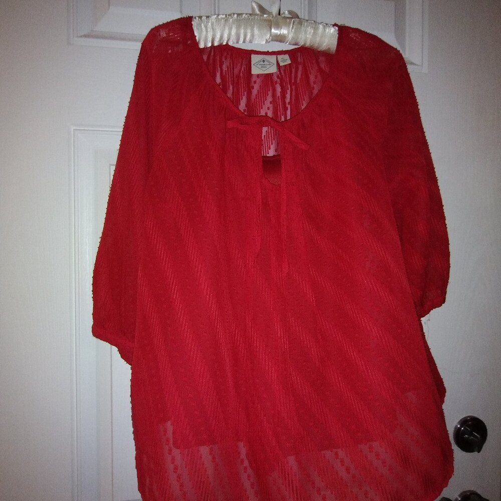 LADIES 3/4 SLEEVE TEXTURED TOP WITH BOW TIE NECKLINE